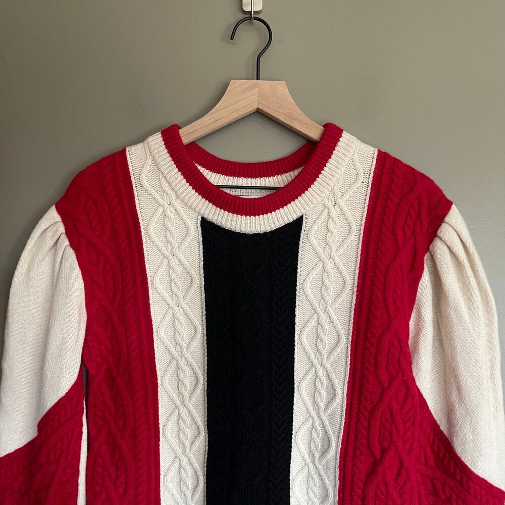 CLAUDIE PIERLOT Mixity Pullover Sweater Size Medium Red Black Cream Puff Sleeves - Picture 5 of 16
